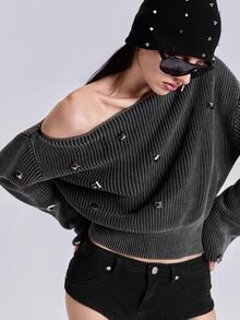 ACID BLVD Summer Spring Autumn Winter Punk Street Casual Y2K Rivet Boat Neck Washed Distressed Cropped Long Sleeve Sweater - Dark Grey - View 8