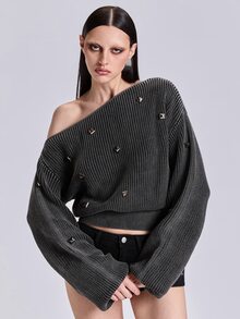 ACID BLVD Summer Spring Autumn Winter Punk Street Casual Y2K Rivet Boat Neck Washed Distressed Cropped Long Sleeve Sweater - Dark Grey - View 7