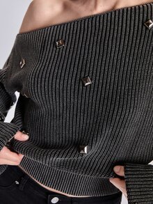 ACID BLVD Summer Spring Autumn Winter Punk Street Casual Y2K Rivet Boat Neck Washed Distressed Cropped Long Sleeve Sweater - Dark Grey - View 9