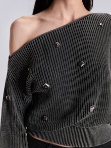 ACID BLVD Summer Spring Autumn Winter Punk Street Casual Y2K Rivet Boat Neck Washed Distressed Cropped Long Sleeve Sweater - Dark Grey - View 2