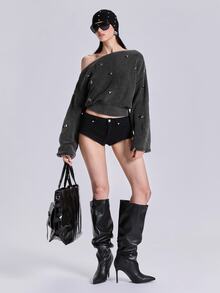ACID BLVD Summer Spring Autumn Winter Punk Street Casual Y2K Rivet Boat Neck Washed Distressed Cropped Long Sleeve Sweater - Dark Grey - View 5