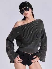 ACID BLVD Summer Spring Autumn Winter Punk Street Casual Y2K Rivet Boat Neck Washed Distressed Cropped Long Sleeve Sweater - Dark Grey - View 6
