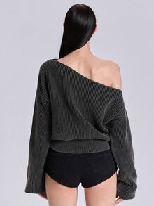 ACID BLVD Summer Spring Autumn Winter Punk Street Casual Y2K Rivet Boat Neck Washed Distressed Cropped Long Sleeve Sweater - Dark Grey - View 4