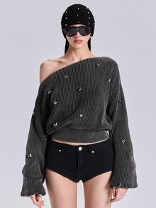 ACID BLVD Summer Spring Autumn Winter Punk Street Casual Y2K Rivet Boat Neck Washed Distressed Cropped Long Sleeve Sweater - Dark Grey - View 3