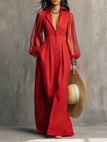 Glimmora Women's Autumn New French Style Red Casual Chiffon Patchwork Long Sleeve Petal Sleeve Collared Button-Down Solid Color Commute Elegant Slimming Long Dress - Red - View 1