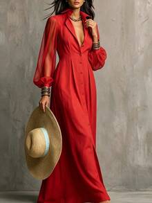 Glimmora Women's Autumn New French Style Red Casual Chiffon Patchwork Long Sleeve Petal Sleeve Collared Button-Down Solid Color Commute Elegant Slimming Long Dress - Red - View 3