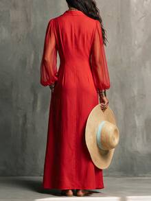Glimmora Women's Autumn New French Style Red Casual Chiffon Patchwork Long Sleeve Petal Sleeve Collared Button-Down Solid Color Commute Elegant Slimming Long Dress - Red - View 2