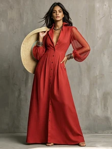 Glimmora Women's Autumn New French Style Red Casual Chiffon Patchwork Long Sleeve Petal Sleeve Collared Button-Down Solid Color Commute Elegant Slimming Long Dress - Red - View 5