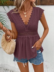 SHEIN Frenchy Women's Solid Deep V Neck Fashionable Short Sleeve T-Shirt Suitable For Summer Casual - Dusty Purple - View 4