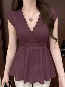 SHEIN Frenchy Women's Solid Deep V Neck Fashionable Short Sleeve T-Shirt Suitable For Summer Casual - Dusty Purple - View 1