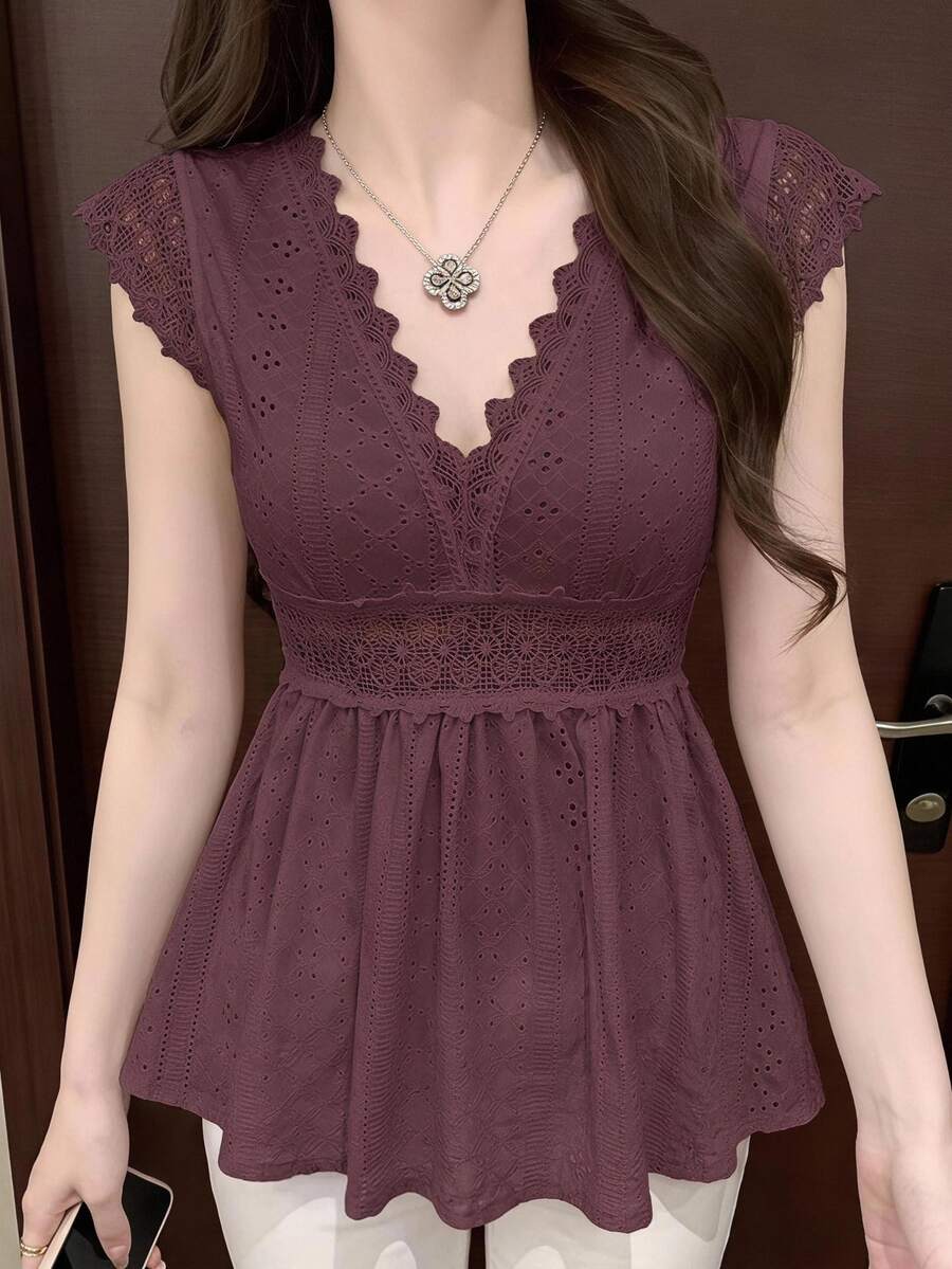 SHEIN Frenchy Women's Solid Deep V Neck Fashionable Short Sleeve T-Shirt Suitable For Summer Casual - Dusty Purple - View 1