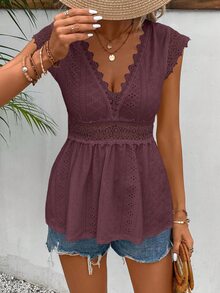 SHEIN Frenchy Women's Solid Deep V Neck Fashionable Short Sleeve T-Shirt Suitable For Summer Casual - Dusty Purple - View 3