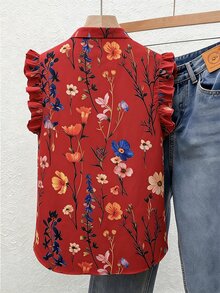 SHEIN 夏季休閒碎花印花荷葉邊飾無袖上衣 - 紅色 - 查看 2