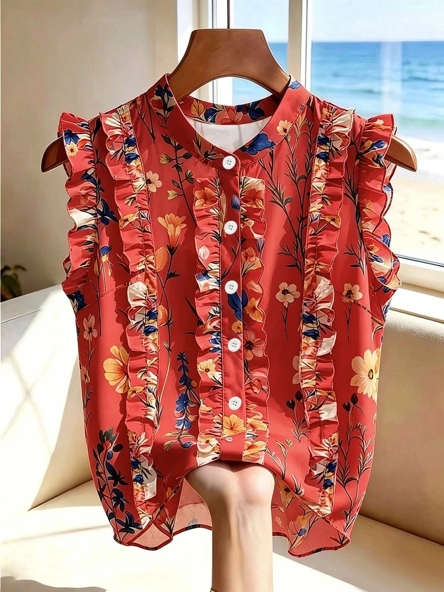 SHEIN Summer Casual Floral Print Ruffle Trim Sleeveless Blouse - Red - View 1