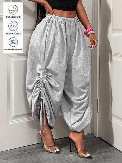 SHEIN BamGlam Women's Solid Color Elastic Waist Side Drawstring Sweatpants Work Workout Sports Gym Grey Casual Modest Athletic Summer 2026 Outfit Wear
