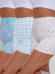 SHEIN Sports 3pcs Leopard & Gingham Print High Waist Sports Shorts - Multicolor - View 2