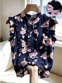 SHEIN Women's Vacation Floral Print Single-Breasted Ruffle Trim Shirt - Navy Blue - View 4