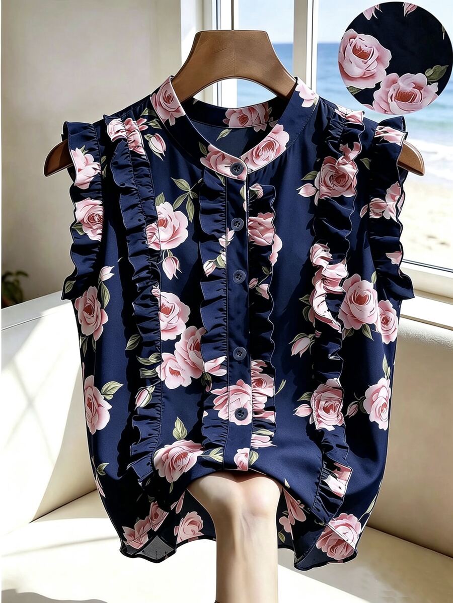 SHEIN Women's Vacation Floral Print Single-Breasted Ruffle Trim Shirt - Navy Blue - View 1