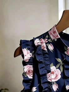 SHEIN Women's Vacation Floral Print Single-Breasted Ruffle Trim Shirt - Navy Blue - View 3