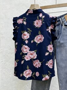 SHEIN Women's Vacation Floral Print Single-Breasted Ruffle Trim Shirt - Navy Blue - View 2