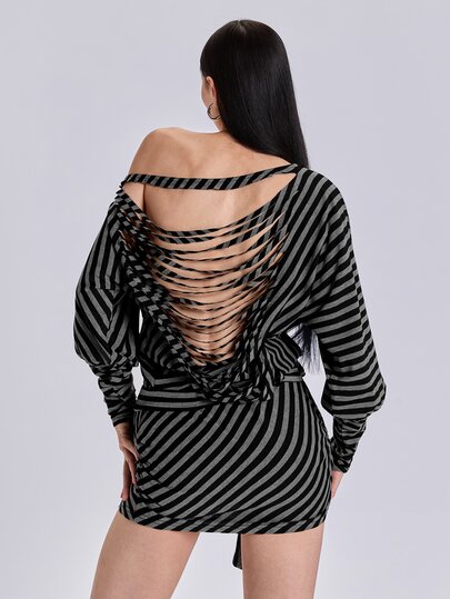 All-Season Casual Street Retro Y2K Striped Long Sleeve Asymmetric Shoulder Tie-Up Knit Mini Dress