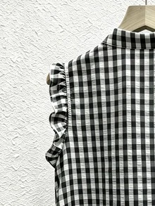 SHEIN Franclia 女款格紋單排扣荷葉袖休閒襯衫 - 黑與白 - 查看 3