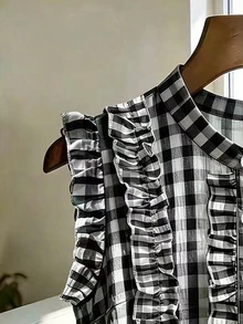 SHEIN Franclia 女款格紋單排扣荷葉袖休閒襯衫 - 黑與白 - 查看 5