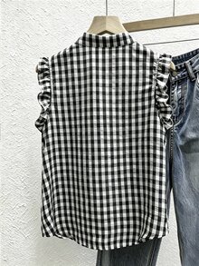 SHEIN Franclia 女款格紋單排扣荷葉袖休閒襯衫 - 黑與白 - 查看 2
