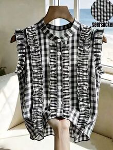 SHEIN Franclia 女款格紋單排扣荷葉袖休閒襯衫 - 黑與白 - 查看 4