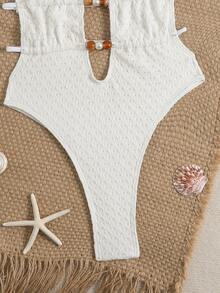 Swim SXY 1pc Solid Color Special Fabric Halter Drawstring High Cut One-Piece Swimsuit - White - View 3