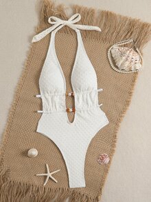 Swim SXY 1pc Solid Color Special Fabric Halter Drawstring High Cut One-Piece Swimsuit - White - View 4