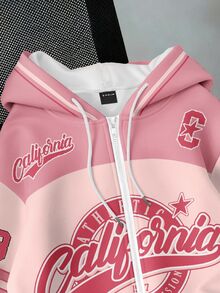 SHEIN EZwear Sudadera con cremallera, cordón y gráfico de letras en bloques de color - Multicolor - Ver 3