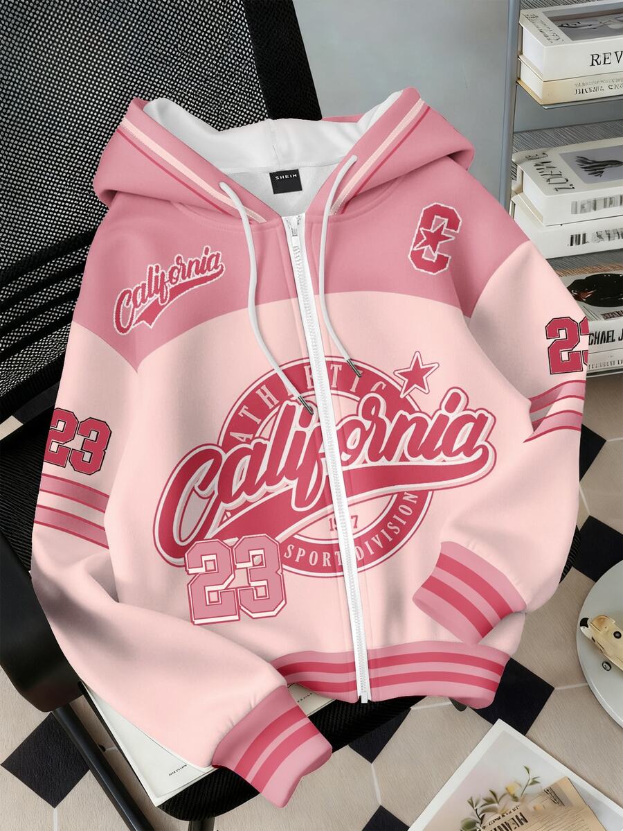 SHEIN EZwear Sudadera con cremallera, cordón y gráfico de letras en bloques de color - Multicolor - Ver 1