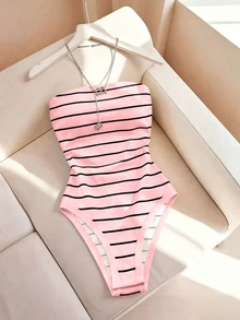 SHEIN Franclia 時尚修身性感無肩帶條紋女款連身衣 - 粉色 - 查看 3