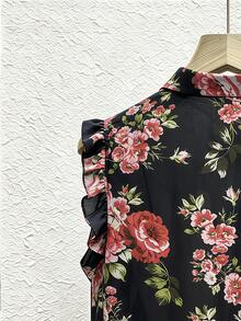 SHEIN Franclia 法式復古花卉印花荷葉邊無袖雪紡上衣 - 黑色 - 查看 5