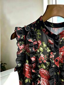 SHEIN Franclia 法式復古花卉印花荷葉邊無袖雪紡上衣 - 黑色 - 查看 4