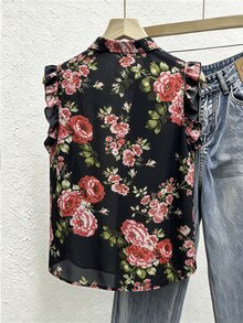 SHEIN Franclia 法式復古花卉印花荷葉邊無袖雪紡上衣 - 黑色 - 查看 2
