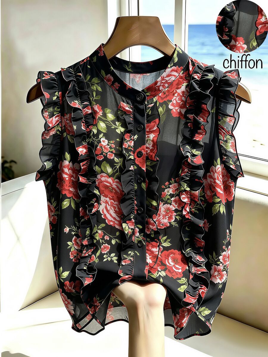 SHEIN Franclia French Vintage Floral Print Ruffle Trim Sleeveless Chiffon Blouse - Black - View 1