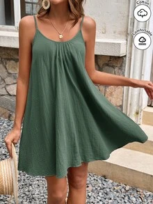 SHEIN Frenchy Women's Solid Color Cotton Muscle Spaghetti Straps Summer Holiday Style Dress, Sage Green Tank Clothing, Vacation Boho - Dark Green - View 2