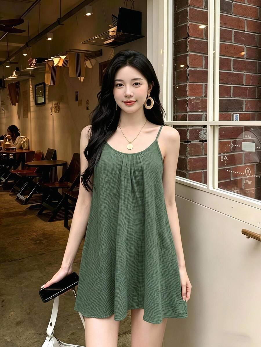 SHEIN Frenchy Women's Solid Color Cotton Muscle Spaghetti Straps Summer Holiday Style Dress, Sage Green Tank Clothing, Vacation Boho - Dark Green - View 1