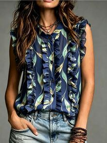 SHEIN Women's Leaf Print Frill Trim Casual Versatile Daily Wear Shirt - Navy Blue - View 3