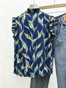 SHEIN Women's Leaf Print Frill Trim Casual Versatile Daily Wear Shirt - Navy Blue - View 2
