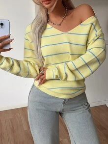 SHEIN Teenager New Loose Long Sleeve Open Shoulder Pullover Striped Sweater Suitable For Travel, Party, Back To School Autumn Fall Suitable For Halloween - Yellow - View 7
