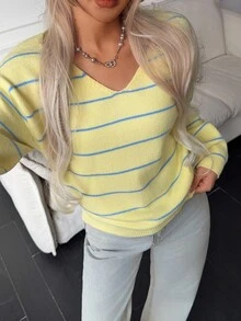 SHEIN Teenager New Loose Long Sleeve Open Shoulder Pullover Striped Sweater Suitable For Travel, Party, Back To School Autumn Fall Suitable For Halloween - Yellow - View 4