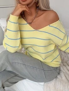 SHEIN Teenager New Loose Long Sleeve Open Shoulder Pullover Striped Sweater Suitable For Travel, Party, Back To School Autumn Fall Suitable For Halloween - Yellow - View 2