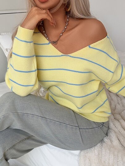 SHEIN Teenager New Loose Long Sleeve Open Shoulder Pullover Striped Sweater Suitable For Travel, Party, Back To School Autumn Fall Suitable For Halloween