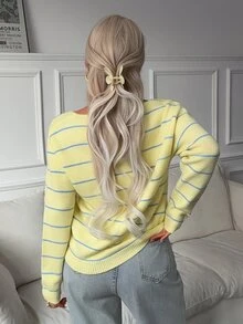 SHEIN Teenager New Loose Long Sleeve Open Shoulder Pullover Striped Sweater Suitable For Travel, Party, Back To School Autumn Fall Suitable For Halloween - Yellow - View 3