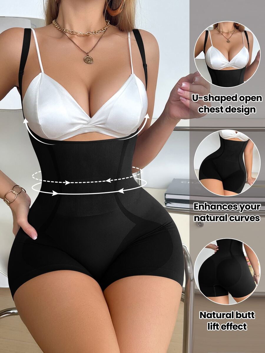 SHEIN 1 件女式修身纯色 U 领紧身衣 - 黑色 - 查看 1