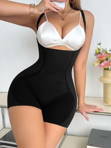 SHEIN 1 件女式修身纯色 U 领紧身衣 - 黑色 - 查看 5