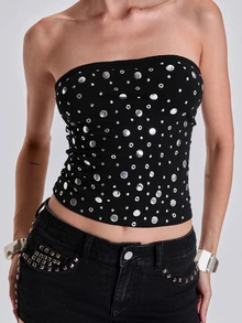 ACID BLVD Spring/Summer All-Season Y2K Rock Style All-Over Print Metallic Foil Studded Tube Top - Black - View 2
